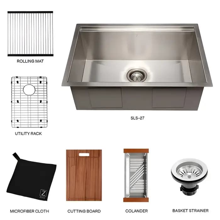 ZLINE 27" Garmisch Undermount Single Bowl Kitchen Sink with Bottom Grid and Accessories - SLS-27