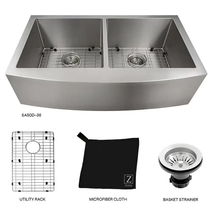 ZLINE 36" Niseko Farmhouse Apron Mount Double Bowl Kitchen Sink with Bottom Grid - SA50D-36