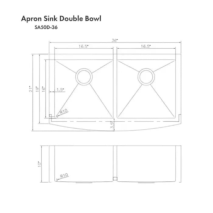 ZLINE 36" Niseko Farmhouse Apron Mount Double Bowl Kitchen Sink with Bottom Grid - SA50D-36