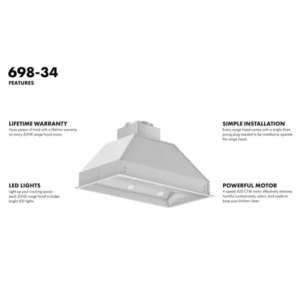 ZLINE - Ducted Wall Mount Range Hood Insert in Stainless Steel - 698-40